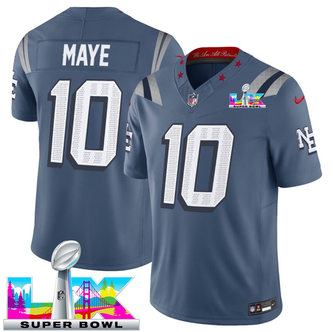 Men's New England Patriots #10 Drake Maye Storm Blue 2025 F.U.S.E. Super Bowl LX Patch “Rivalries” Vapor Limited Stitched Football Jersey